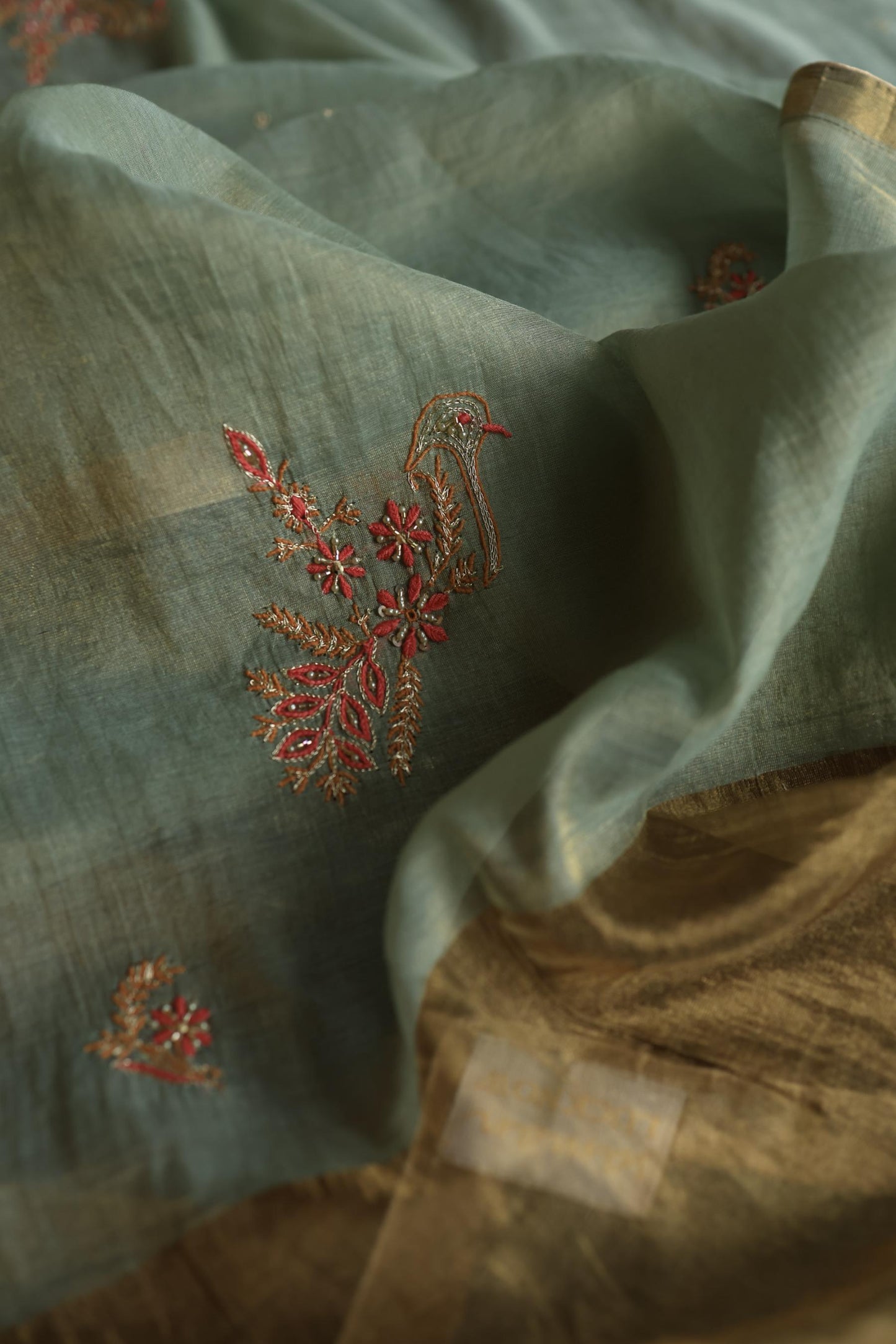 Sage Green Shade Tissue Silk Chikankari Unstitched Fabric