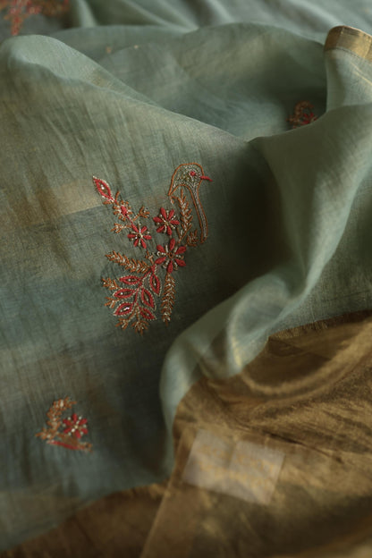 Sage Green Shade Tissue Silk Chikankari Unstitched Fabric