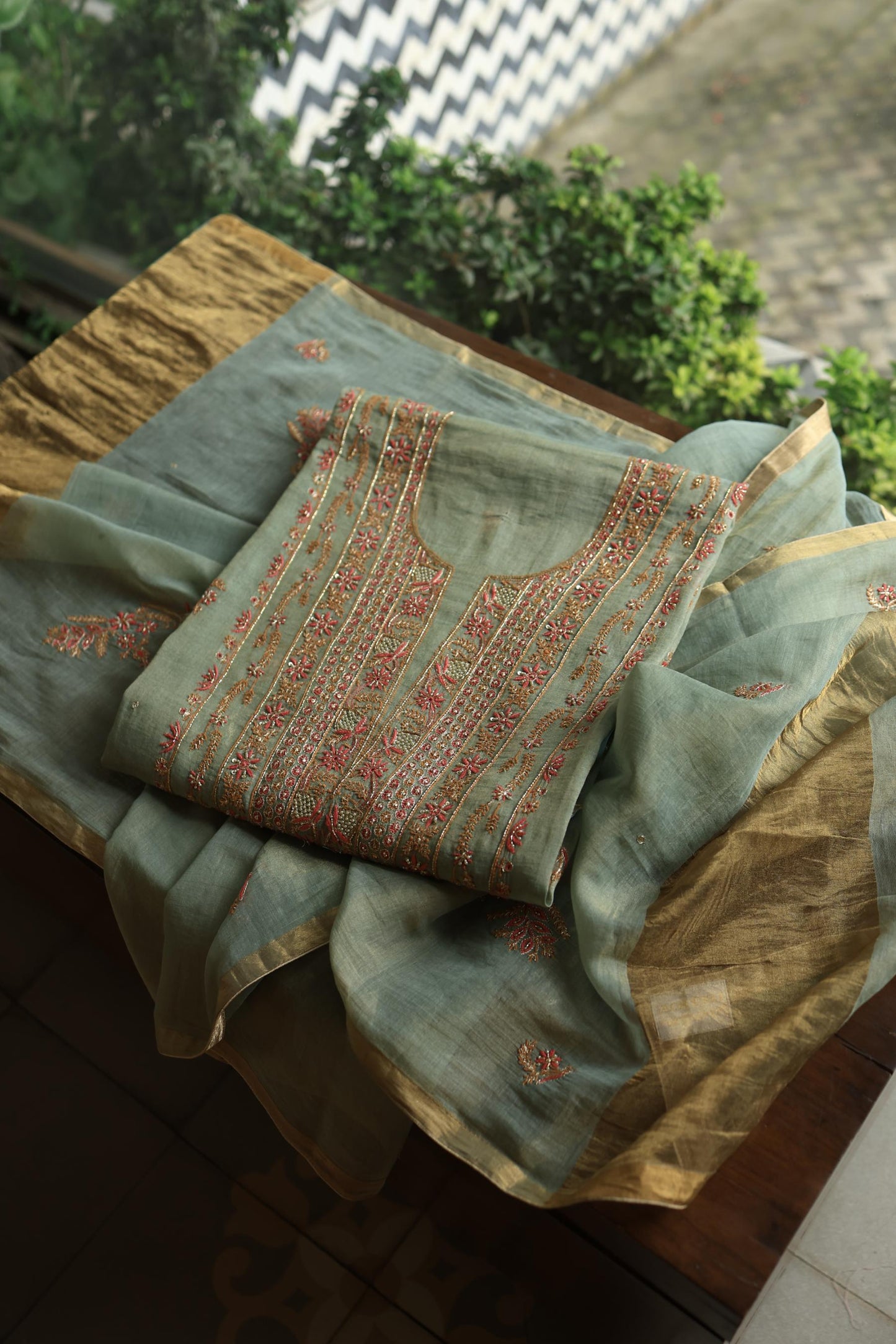 Sage Green Shade Tissue Silk Chikankari Unstitched Fabric