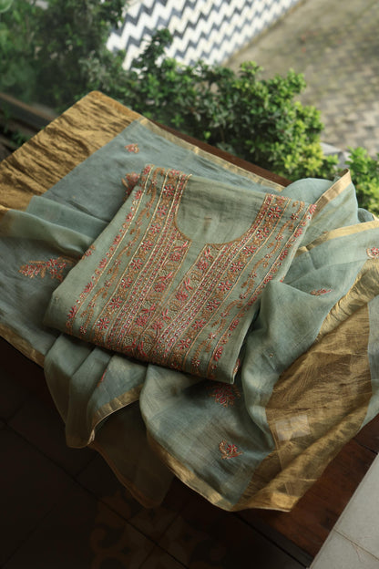 Sage Green Shade Tissue Silk Chikankari Unstitched Fabric