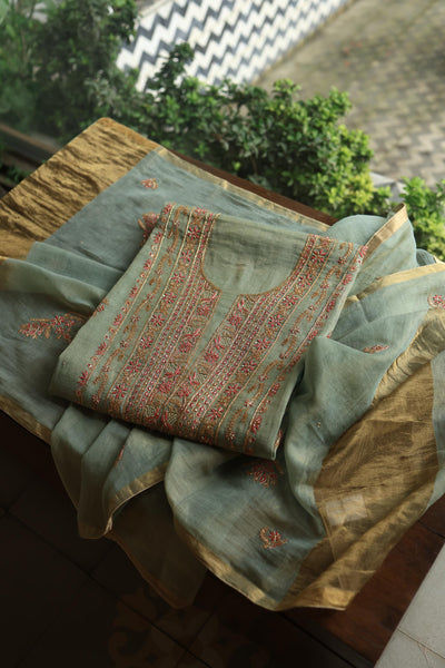 Sage Green Shade Tissue Silk Chikankari Unstitched Fabric