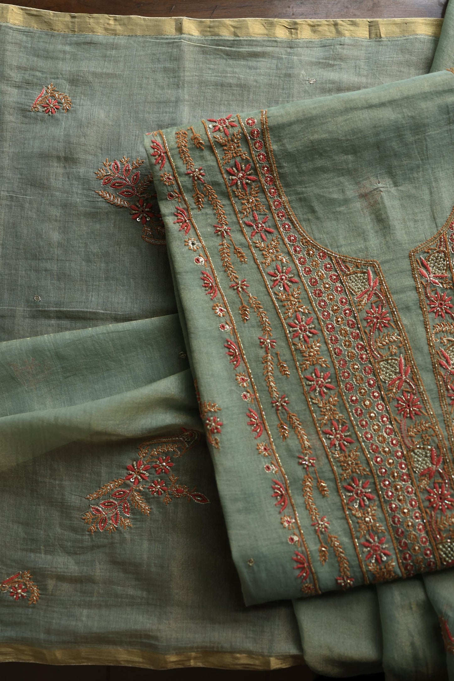 Sage Green Shade Tissue Silk Chikankari Unstitched Fabric