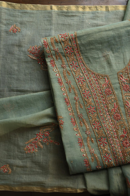 Sage Green Shade Tissue Silk Chikankari Unstitched Fabric