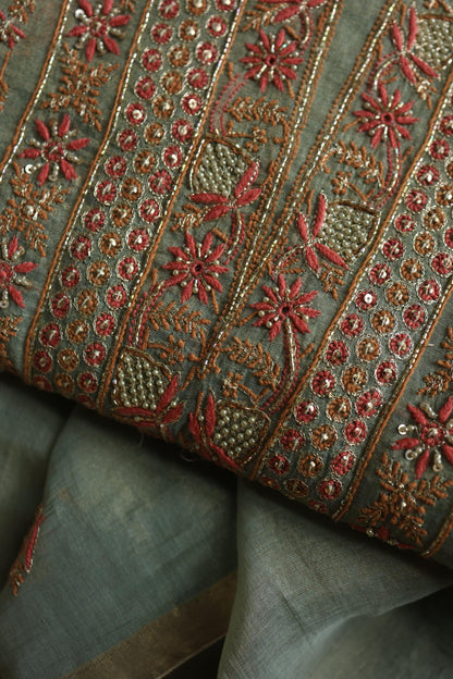 Sage Green Shade Tissue Silk Chikankari Unstitched Fabric