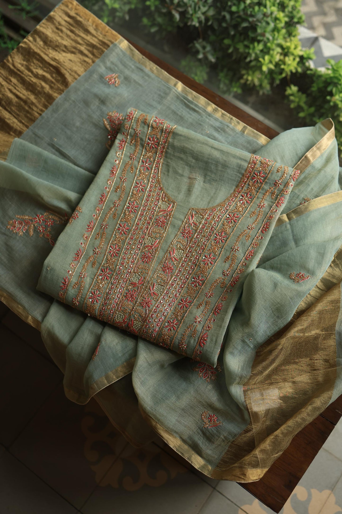 Sage Green Shade Tissue Silk Chikankari Unstitched Fabric