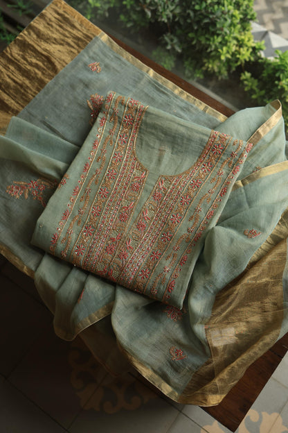 Sage Green Shade Tissue Silk Chikankari Unstitched Fabric