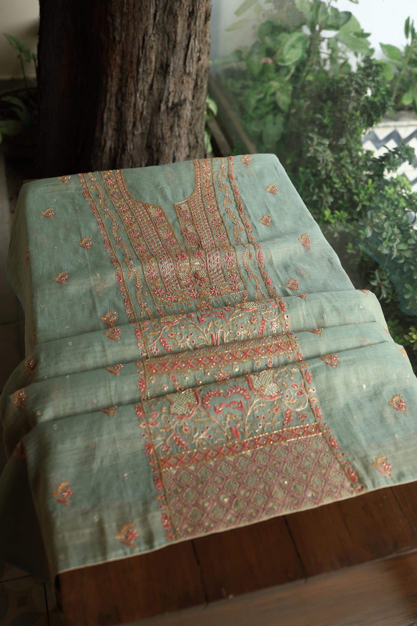Sage Green Shade Tissue Silk Chikankari Unstitched Fabric