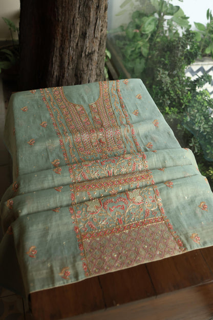 Sage Green Shade Tissue Silk Chikankari Unstitched Fabric