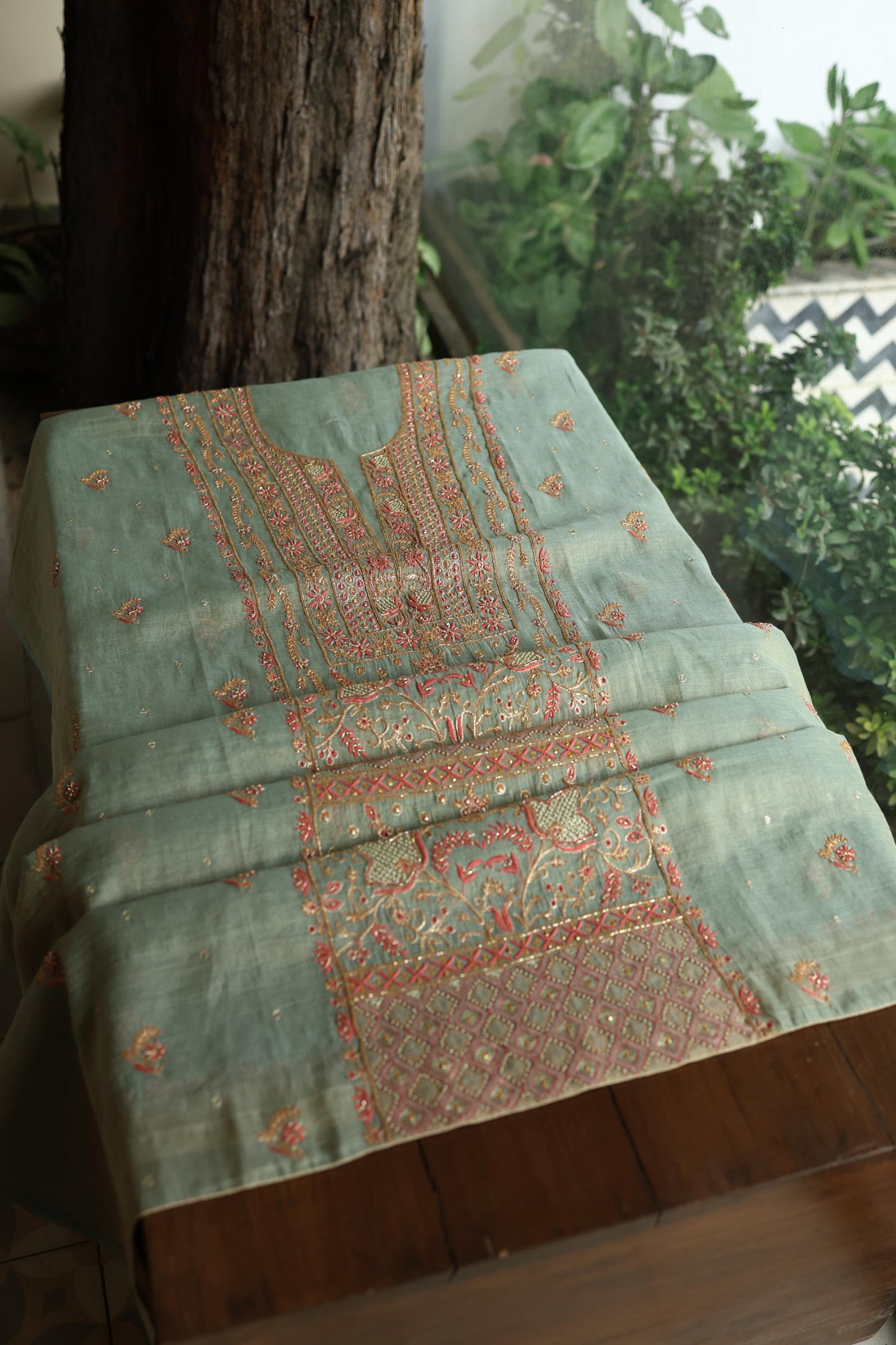 Sage Green Shade Tissue Silk Chikankari Unstitched Fabric