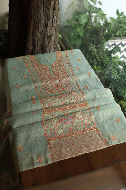 Sage Green Shade Tissue Silk Chikankari Unstitched Fabric