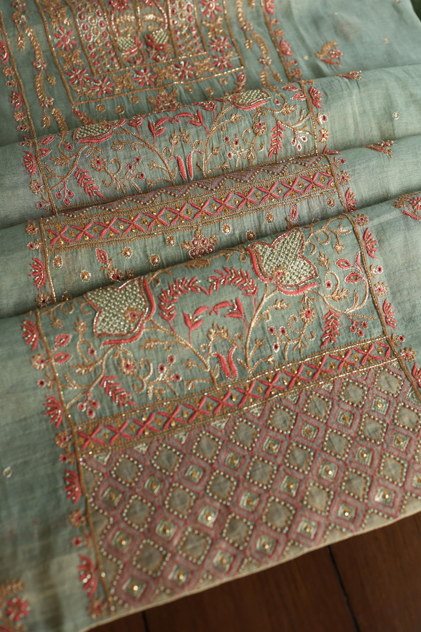 Sage Green Shade Tissue Silk Chikankari Unstitched Fabric