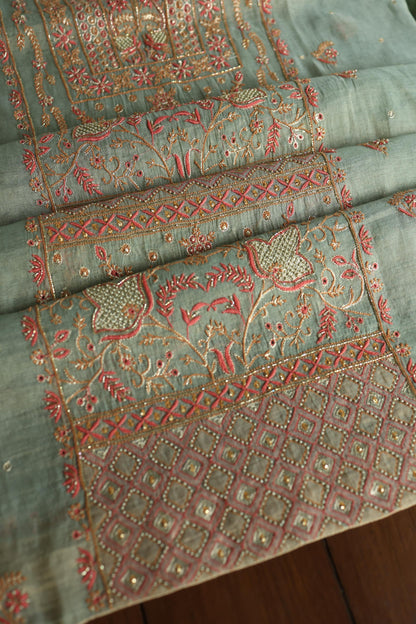 Sage Green Shade Tissue Silk Chikankari Unstitched Fabric