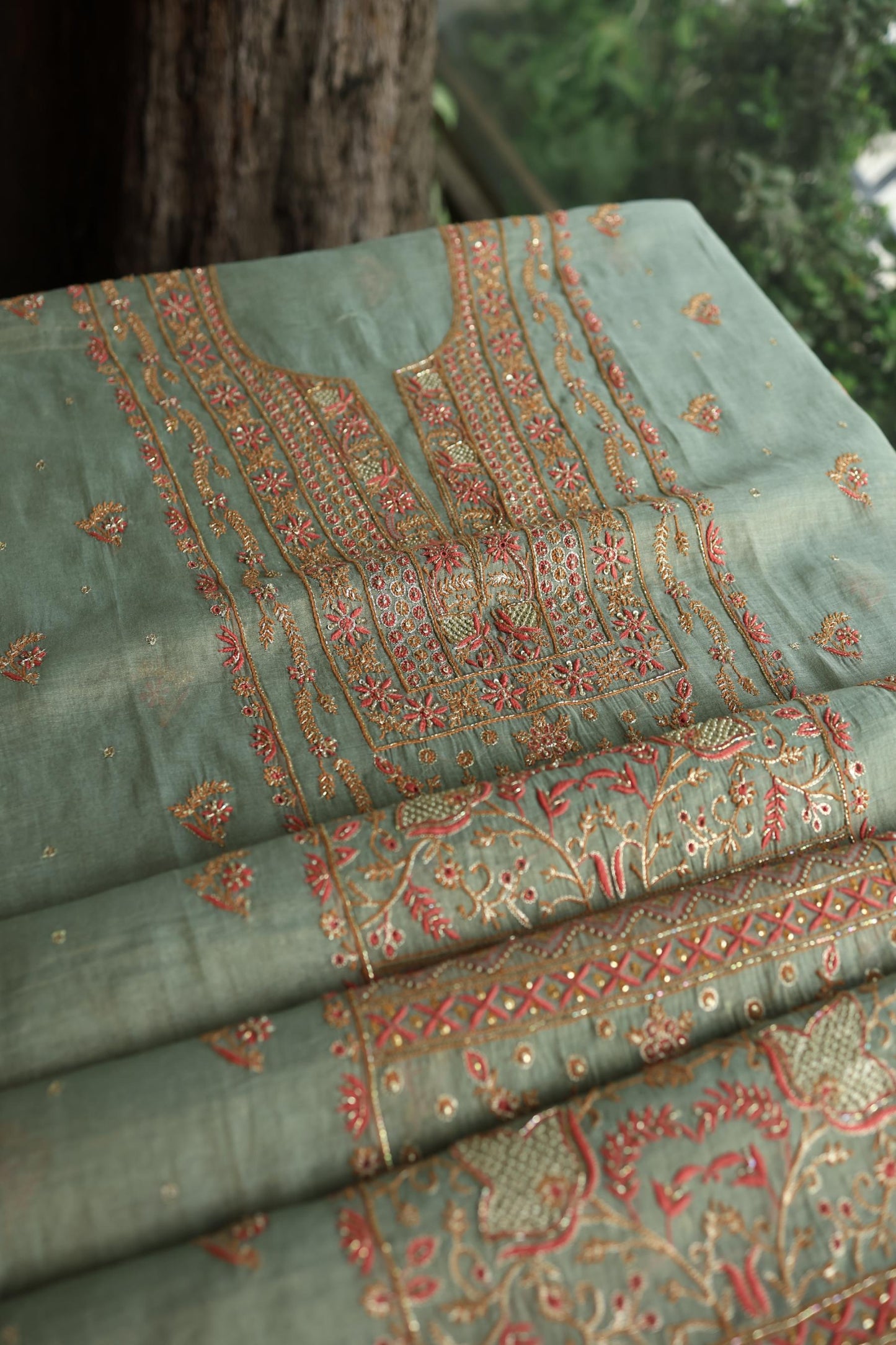 Sage Green Shade Tissue Silk Chikankari Unstitched Fabric