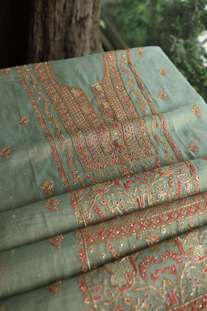 Sage Green Shade Tissue Silk Chikankari Unstitched Fabric
