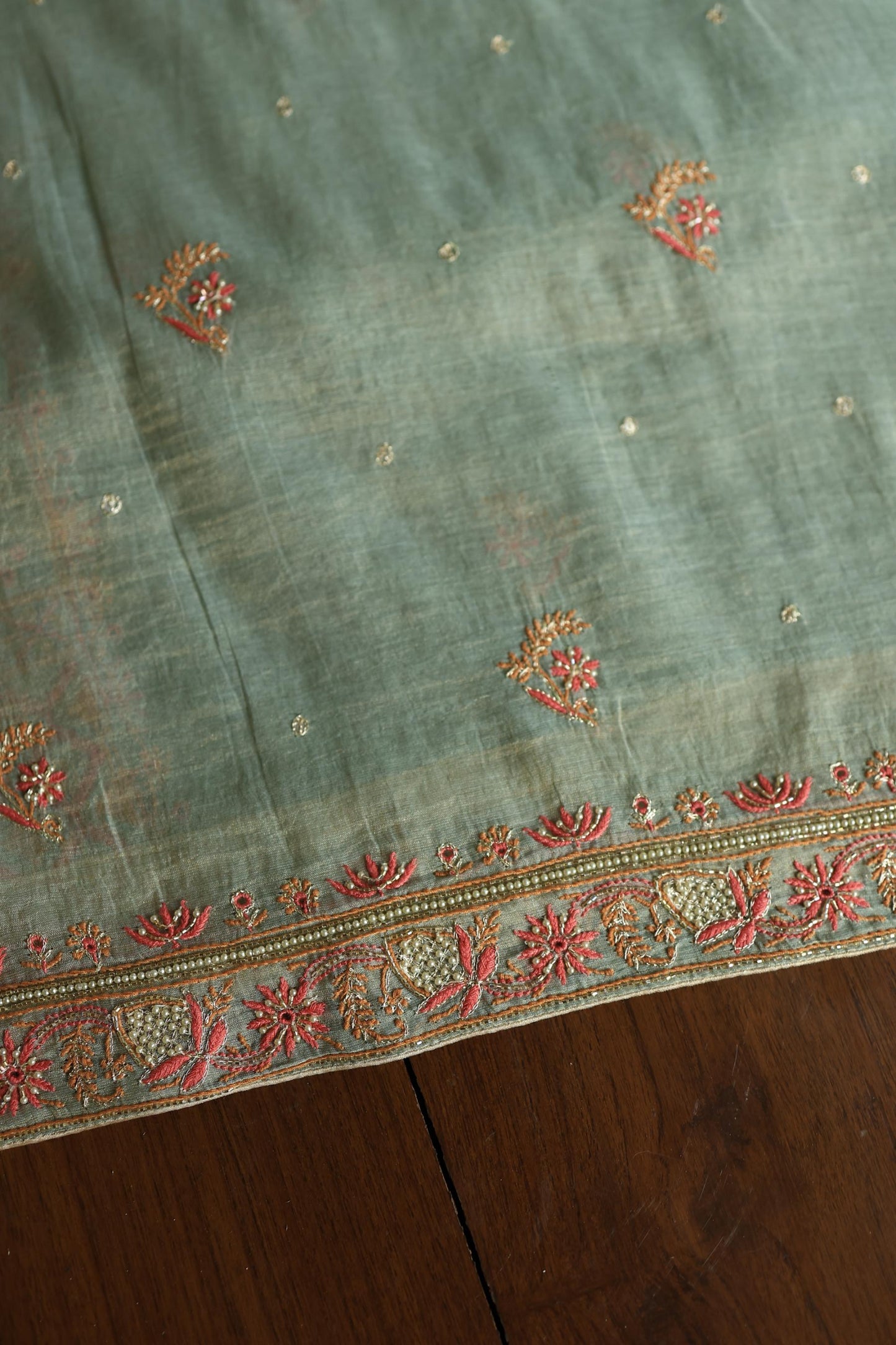 Sage Green Shade Tissue Silk Chikankari Unstitched Fabric