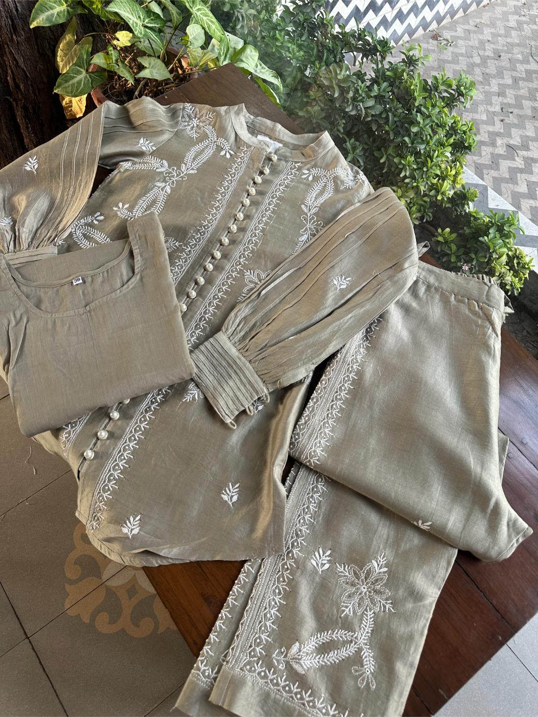 Sage Grey Chanderi Chikankari Co-Ord Set