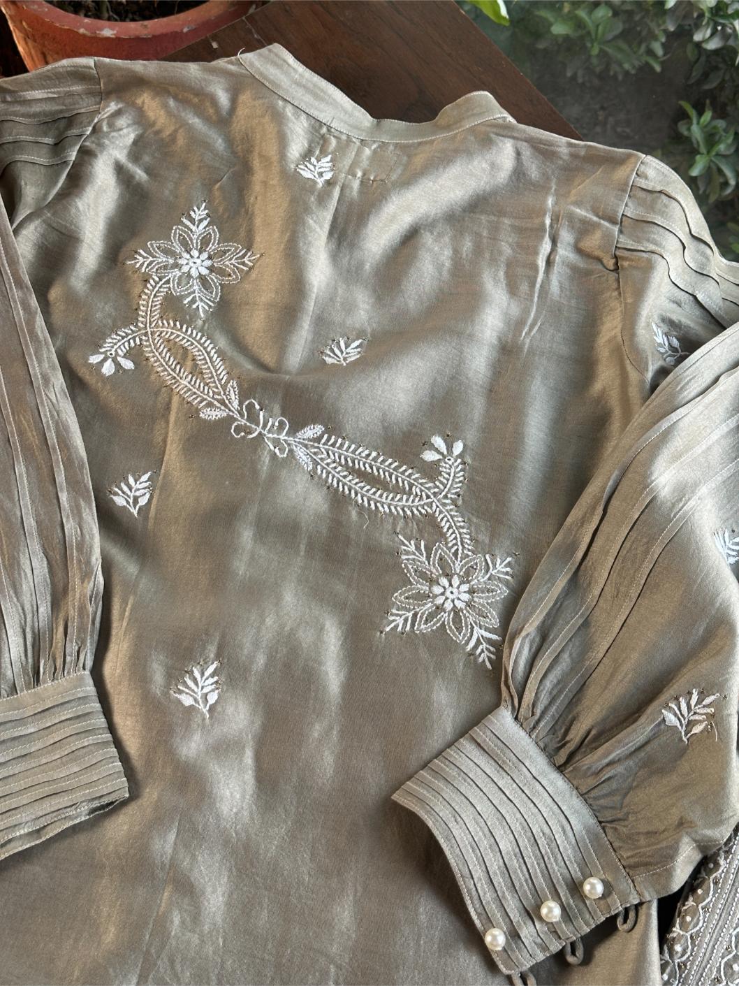 Sage Grey Chanderi Chikankari Co-Ord Set