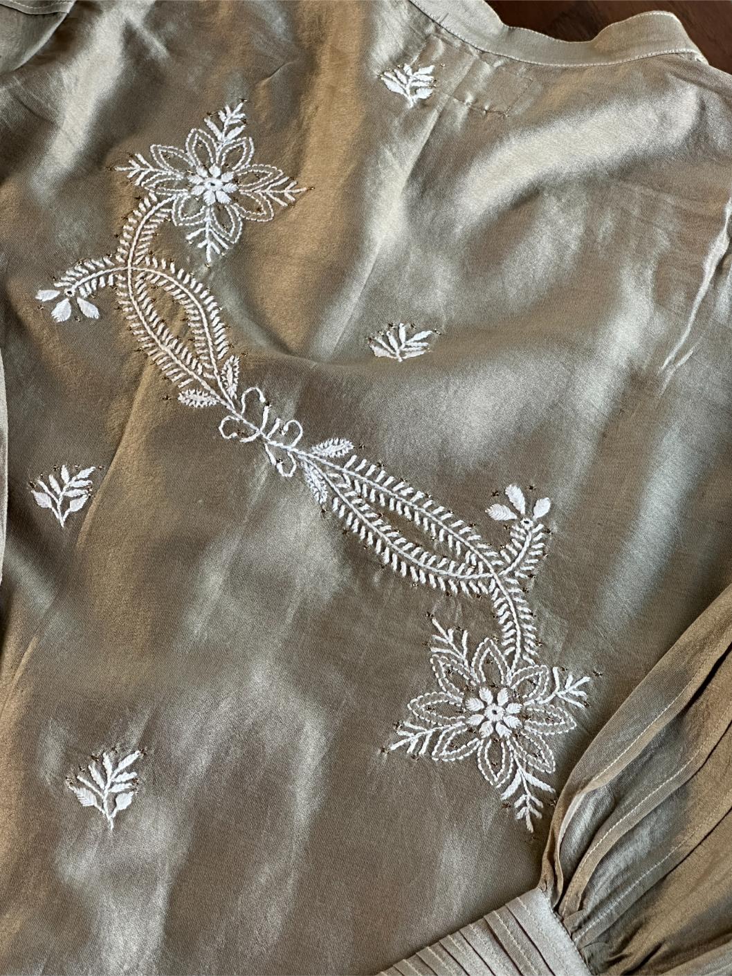 Sage Grey Chanderi Chikankari Co-Ord Set