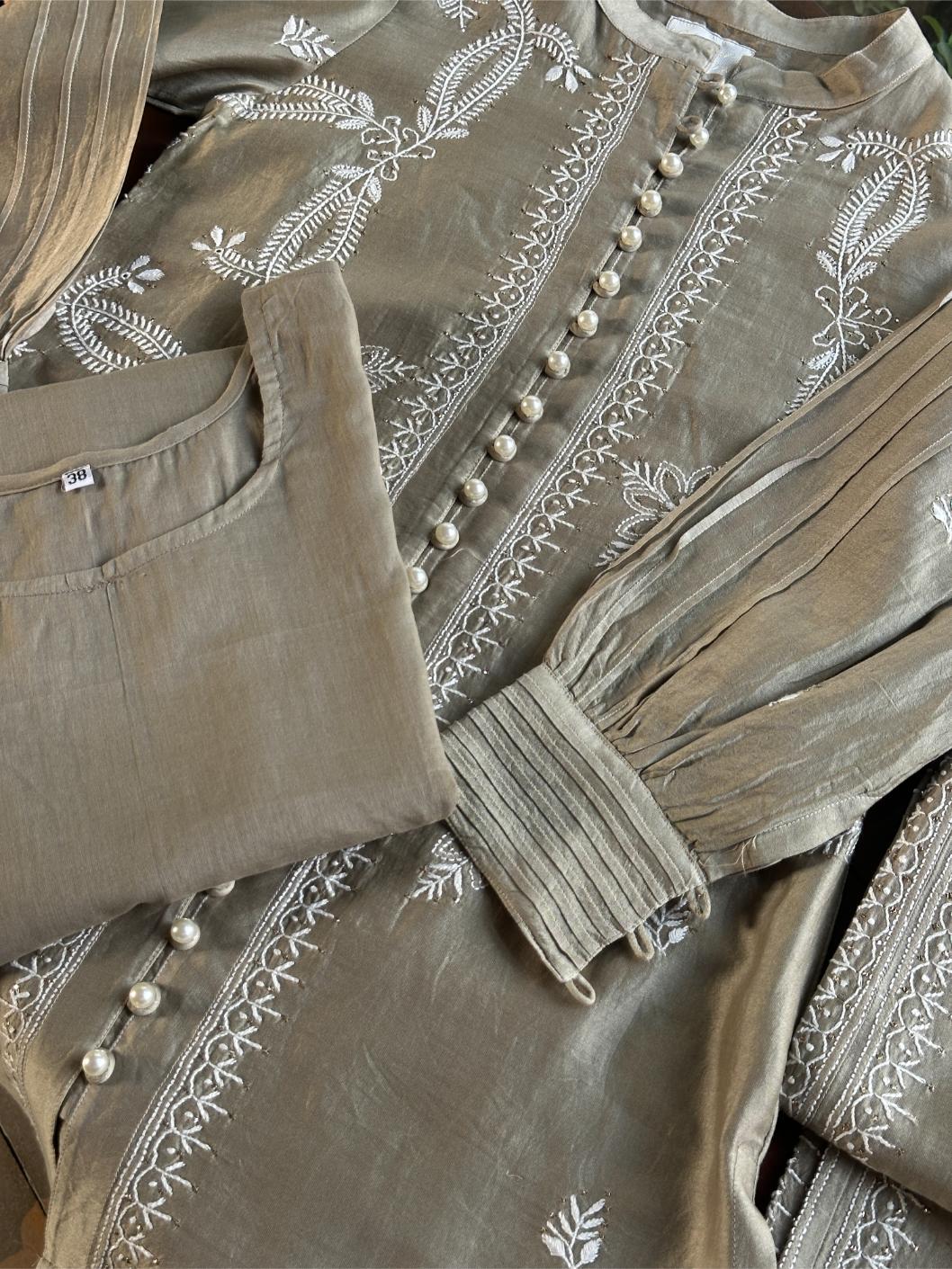 Sage Grey Chanderi Chikankari Co-Ord Set