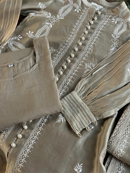 Sage Grey Chanderi Chikankari Co-Ord Set