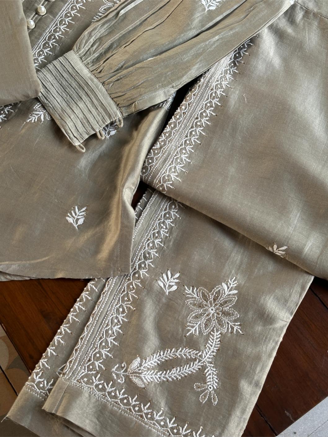 Sage Grey Chanderi Chikankari Co-Ord Set