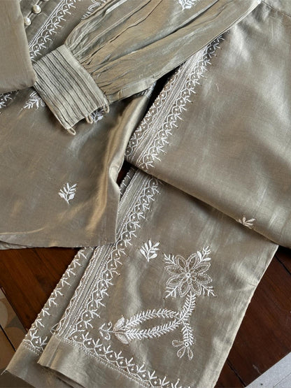 Sage Grey Chanderi Chikankari Co-Ord Set