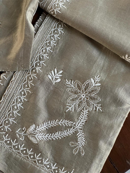 Sage Grey Chanderi Chikankari Co-Ord Set