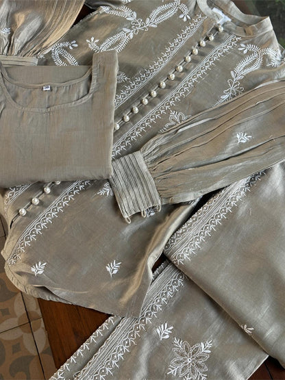 Sage Grey Chanderi Chikankari Co-Ord Set