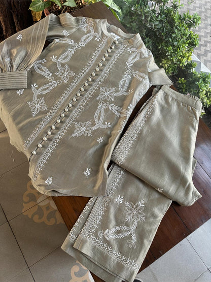 Sage Grey Chanderi Chikankari Co-Ord Set