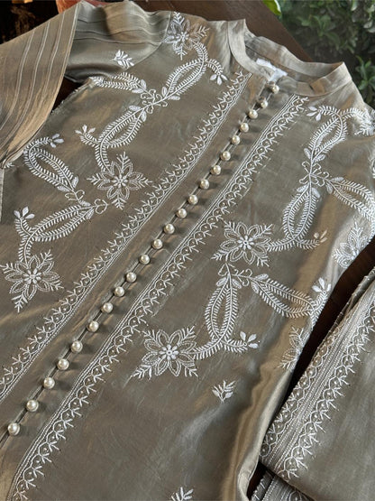 Sage Grey Chanderi Chikankari Co-Ord Set