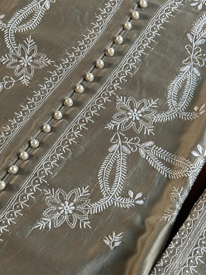 Sage Grey Chanderi Chikankari Co-Ord Set