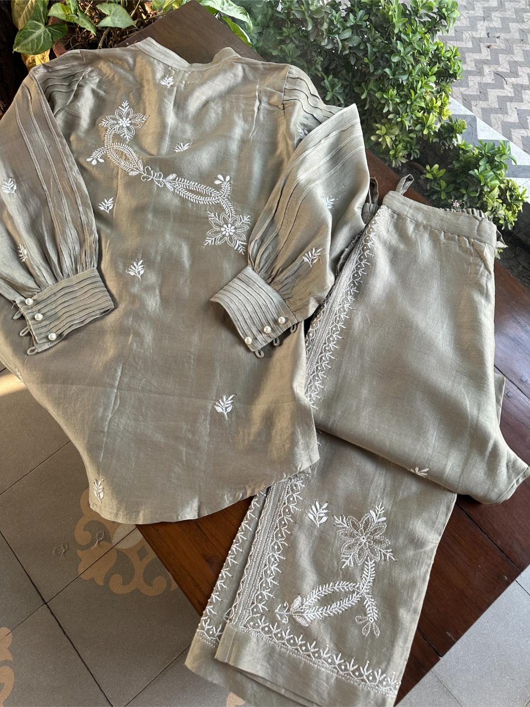 Sage Grey Chanderi Chikankari Co-Ord Set