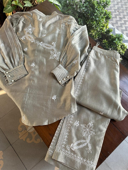 Sage Grey Chanderi Chikankari Co-Ord Set