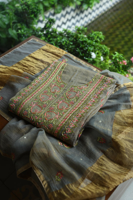 Sage Grey Shade Tissue Silk Chikankari Unstitched Fabric