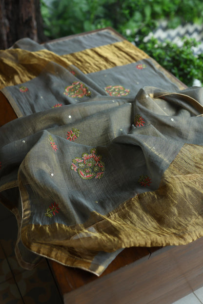 Sage Grey Shade Tissue Silk Chikankari Unstitched Fabric