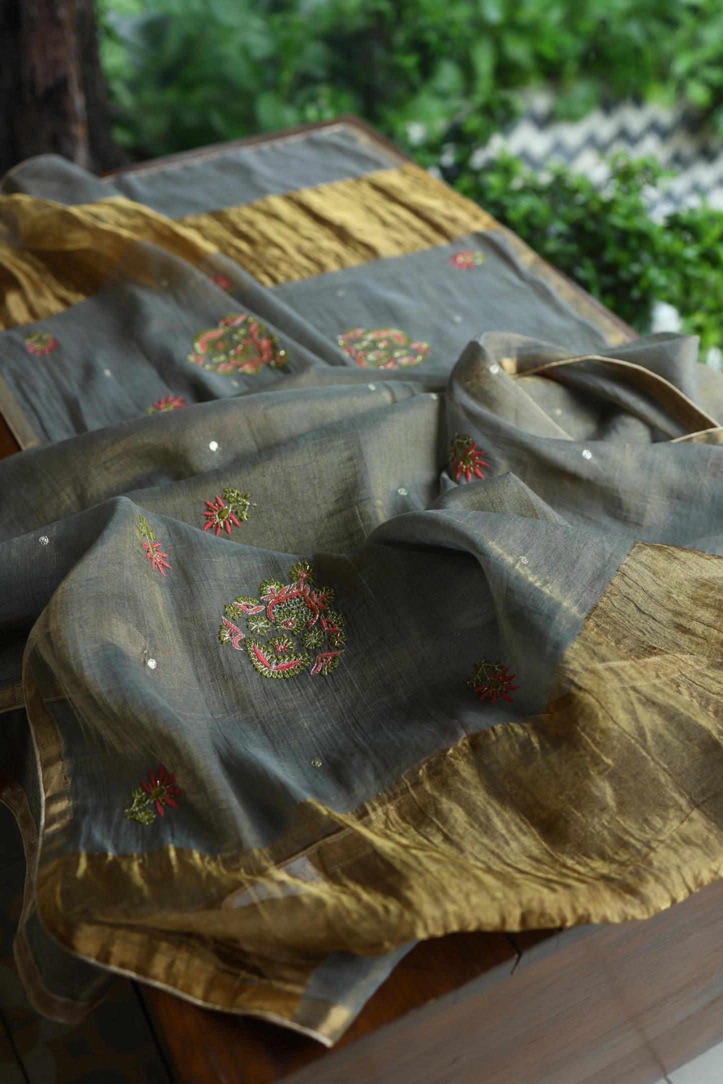 Sage Grey Shade Tissue Silk Chikankari Unstitched Fabric