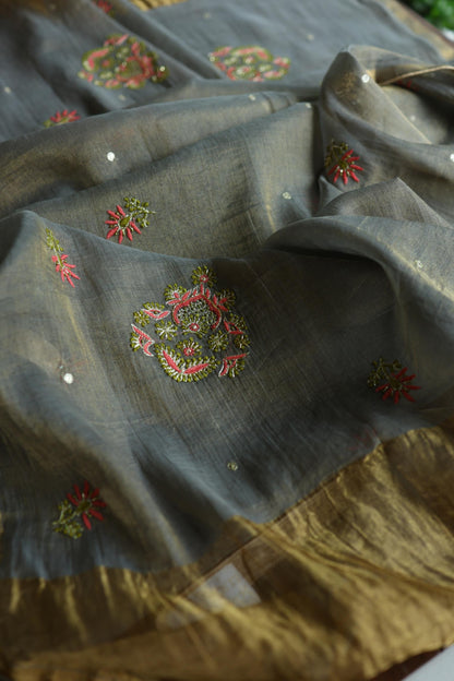 Sage Grey Shade Tissue Silk Chikankari Unstitched Fabric