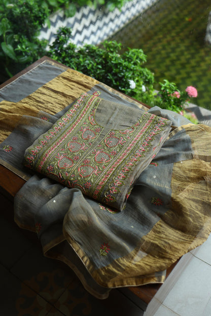 Sage Grey Shade Tissue Silk Chikankari Unstitched Fabric