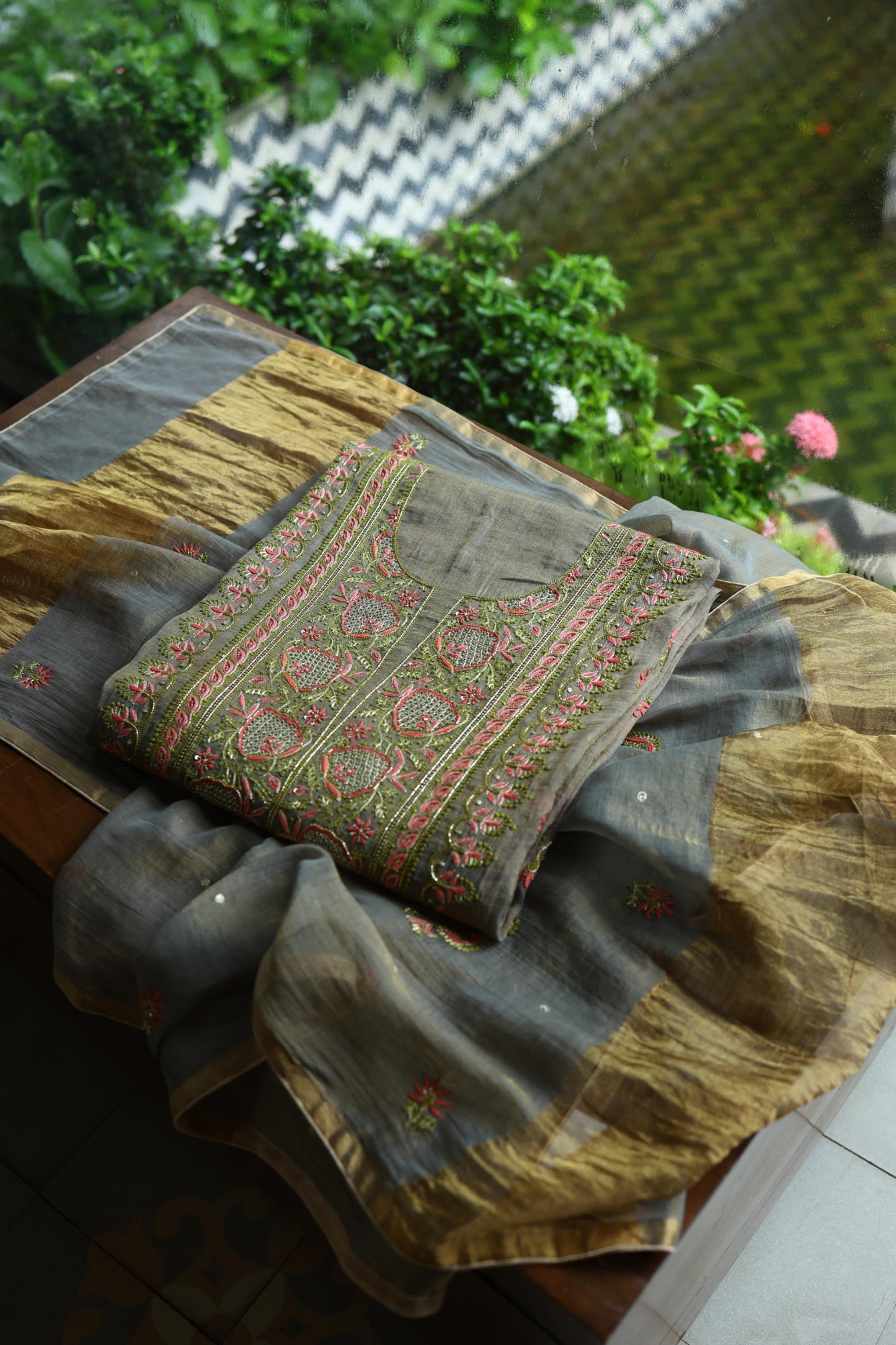 Sage Grey Shade Tissue Silk Chikankari Unstitched Fabric