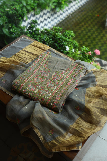 Sage Grey Shade Tissue Silk Chikankari Unstitched Fabric