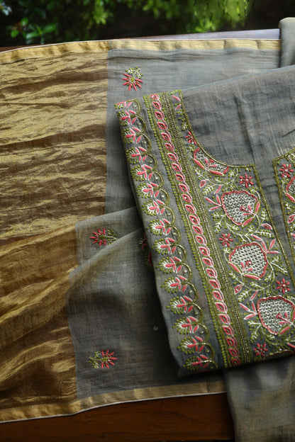 Sage Grey Shade Tissue Silk Chikankari Unstitched Fabric