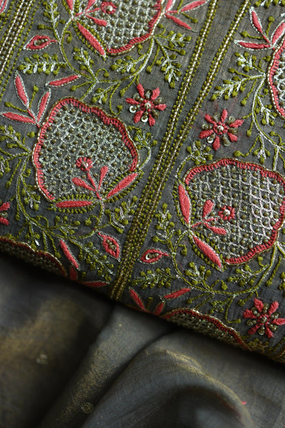 Sage Grey Shade Tissue Silk Chikankari Unstitched Fabric
