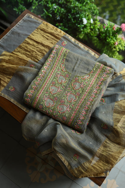 Sage Grey Shade Tissue Silk Chikankari Unstitched Fabric