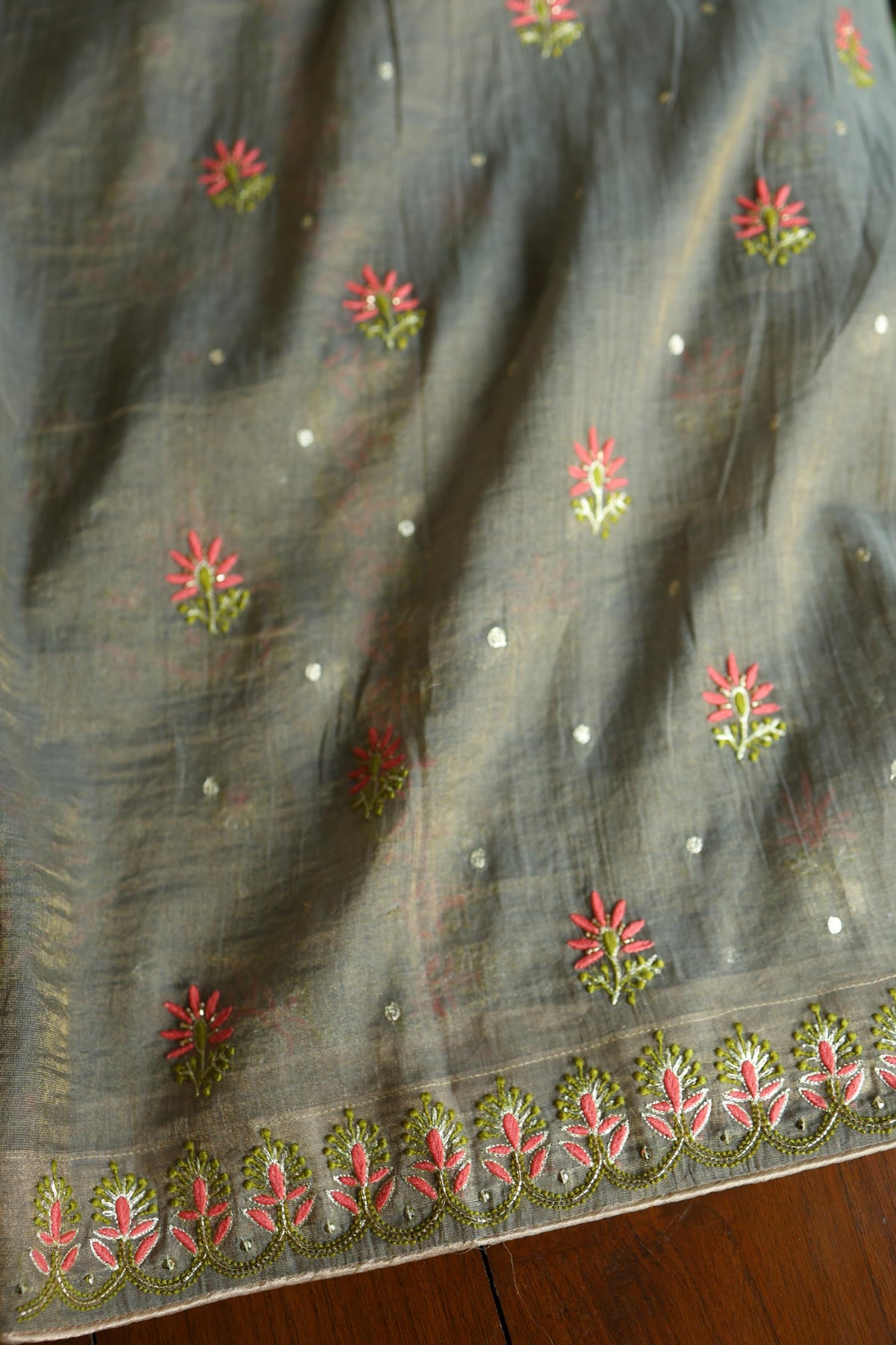 Sage Grey Shade Tissue Silk Chikankari Unstitched Fabric