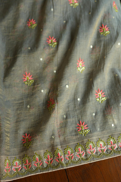 Sage Grey Shade Tissue Silk Chikankari Unstitched Fabric