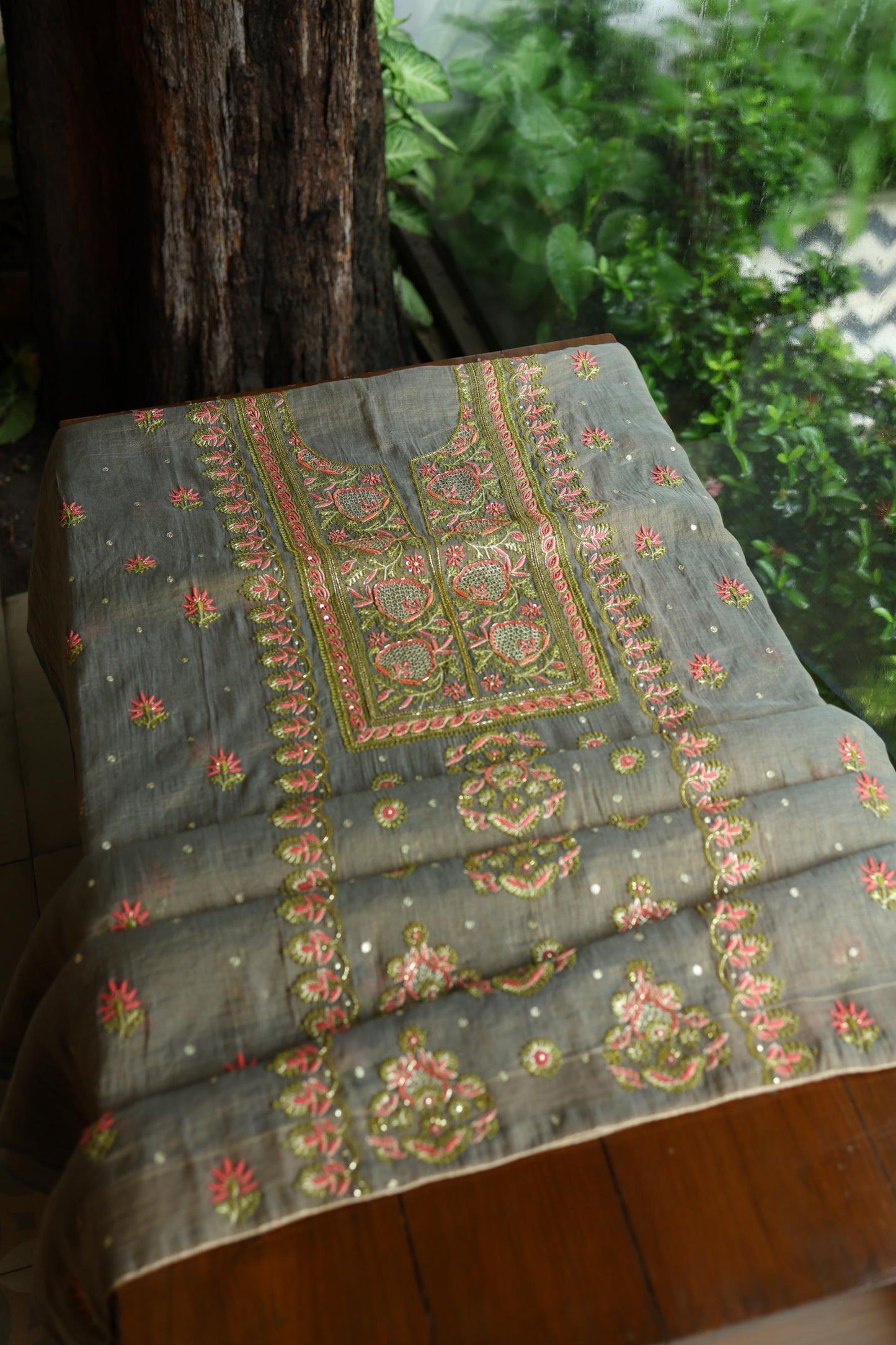 Sage Grey Shade Tissue Silk Chikankari Unstitched Fabric