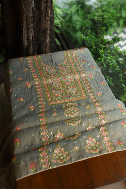 Sage Grey Shade Tissue Silk Chikankari Unstitched Fabric