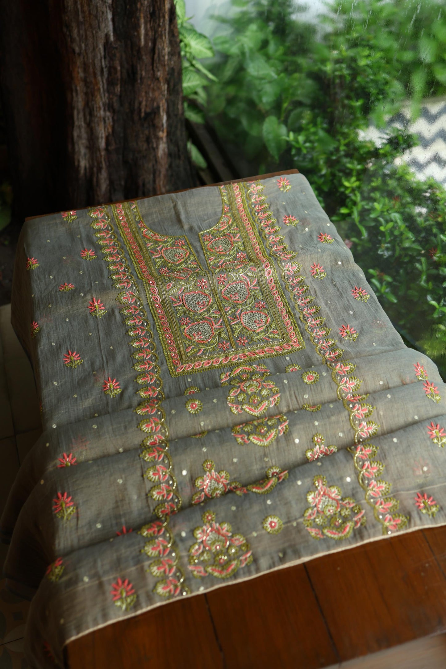 Sage Grey Shade Tissue Silk Chikankari Unstitched Fabric
