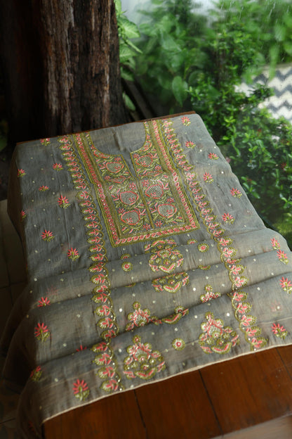 Sage Grey Shade Tissue Silk Chikankari Unstitched Fabric