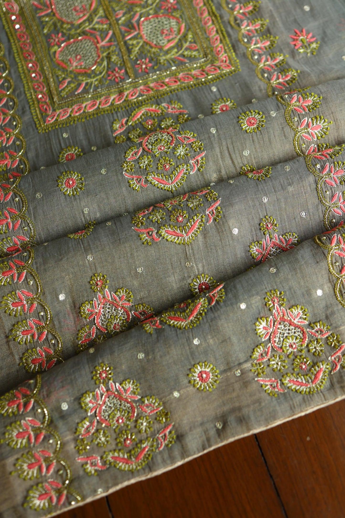 Sage Grey Shade Tissue Silk Chikankari Unstitched Fabric